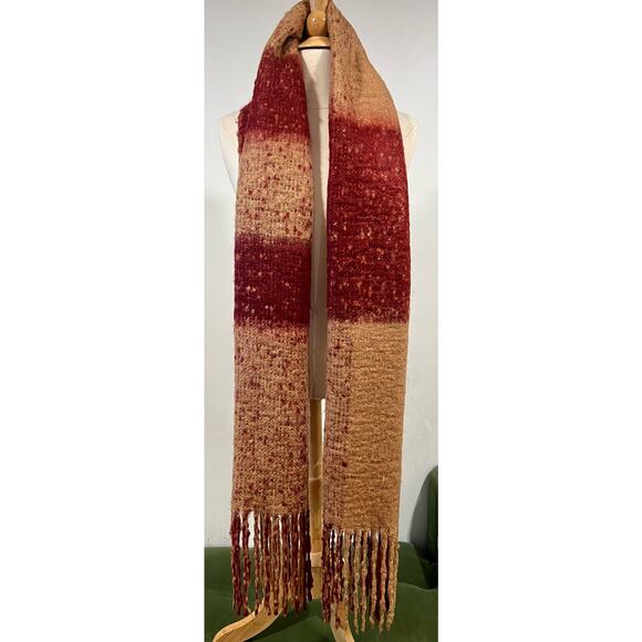 Boho Hippie Knit Striped Scarf Tan Red Soft Comfy Warm - Picture 8 of 11